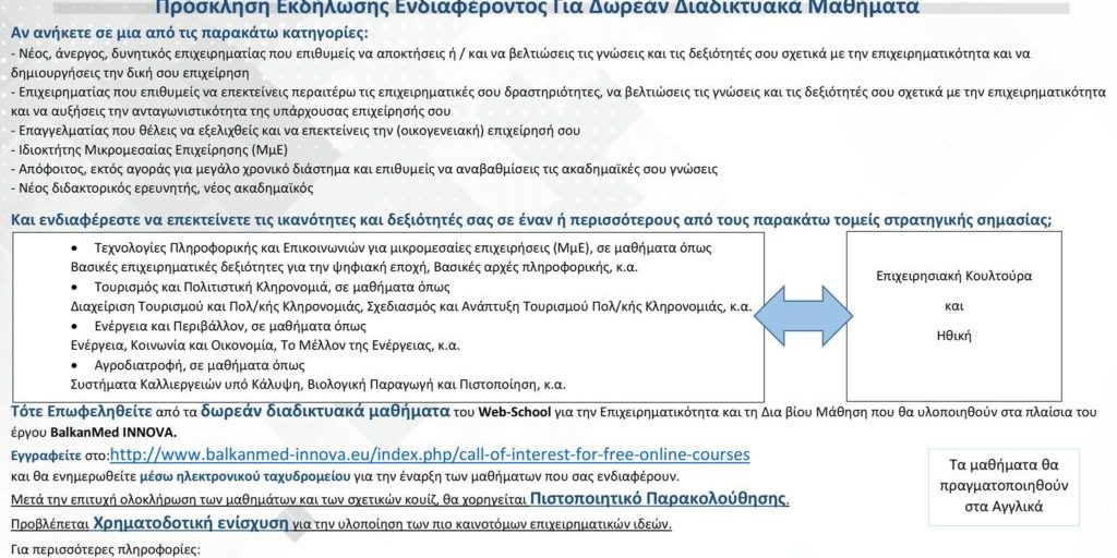 Πρόσκληση Εκδήλωσης Ενδιαφέροντος Για Δωρεάν Διαδικτυακά Μαθήματα - INTERREG BalkanMed INNOVA